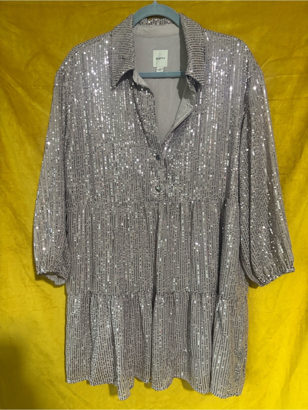 Anthropologie Maeve Bettina Silver Sequin Tiered Shirt Dress EUC Large - Picture 3 of 5